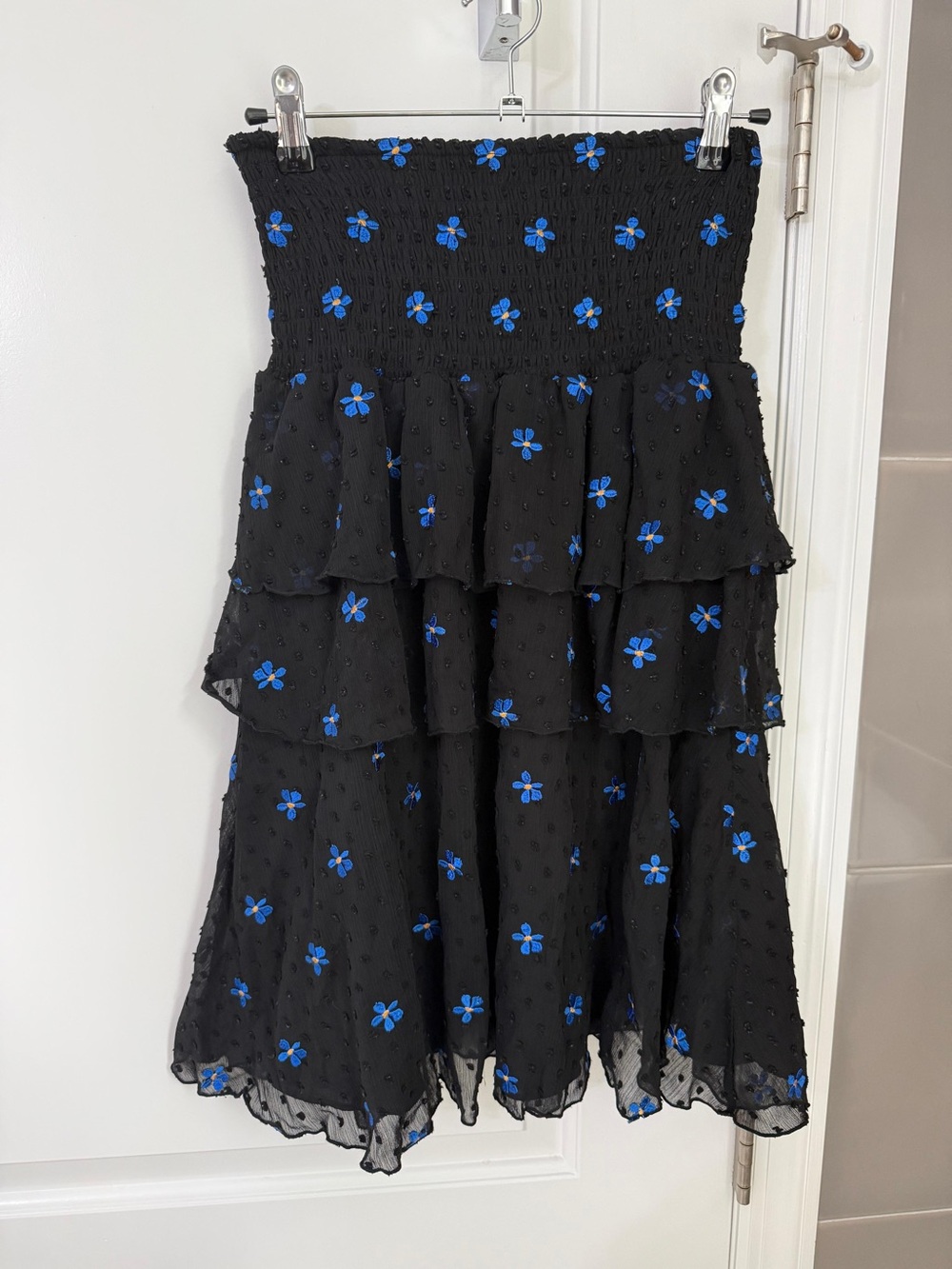 Maje Black Midi Skirt with Blue Floral Appliqué
